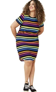 TORRID (0X) TEE SHIRT PULLOVER DRESS STRIPE MULTI RAINBOW STRETCH CREW SHIRTTAIL - Picture 1 of 4