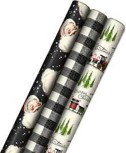 Black Christmas Wrapping Paper - Retro Santa, Plaid, Train & Trees (120 Sq. Ft) - Picture 1 of 11