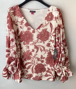 Vince Camuto Bluse V-Ausschnitt Ballonärmel Foral Gold Detail Top Gr. M Neu mit Etikett - Bild 1 von 17