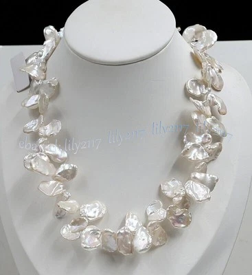 Rare 15-20mm Real Natural Luster White Flat Coin Baroque Pearl Necklace 18 inch - Image 1 of 4