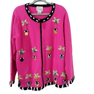 Quacker Factory Zip Sweater Embroidered Women's Large Pink Palm Knit - Image 1 of 4