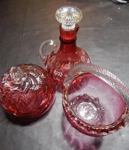 Cranberry Glas 3er Set, Korb mit Henkel, Schüssel mit Deckel, Krug, wunderschön! - Bild 1 von 9