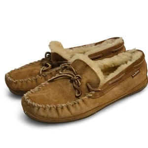 LL Bean Wicked Good Moccasin Slippers Mens Sz 8M Brown Tan Suede Shearling Lined - Picture 1 of 6
