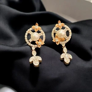 3.95 TCW Round Brilliant Cut Natural Diamonds Pearl Dangle Earrings in 14K Gold - Picture 1 of 12