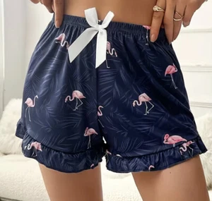 Womens Large Flamingo Print Pajama Shorts Blue Pink PJs Ruffle Short Shorts New - Picture 1 of 5