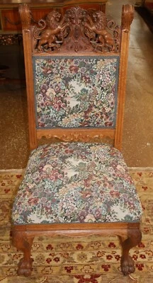 19th Century Tiger Oak Needlepoint Renaissance Revival Office Occasional Chair - Image 1 of 4