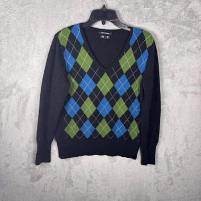 Apt 9 Sweater Womens XL Black Blue Green Argyle V Neck Knit 100% Cashmere Soft - Image 1 of 4