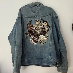 VTG Harley Davidson Mens Jean Jacket Blue 2XL Trucker Live To Ride Eagle Biker - Picture 1 of 5