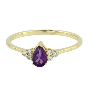 Pear Natural Purple Amethyst Stackable Ring 10K Yellow Gold Gemstone Jewelry - Picture 1 of 6