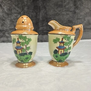 Vintage Zuckerstreuer & Milchkännchen Glanzgeschirr Pagode Motiv Japan handbemalt Porzellan - Bild 1 von 17
