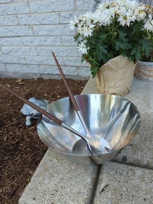 Vintage Danish Stelton Stainless Steel Salad Bowl & Utensil Set 3 Piece Denmark  - Image 1 of 4