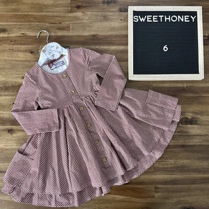 NWT SweetHoney Prim Dress Red Burgundy Check Knit Long Sleeves Pockets Girls 6 - Picture 1 of 9