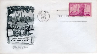 1953 FDC 300th Anniversary New York City New York  Stamps ArtMaster ST3454 - Image 1 of 3