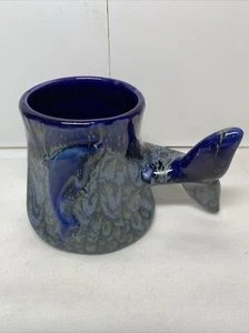 Vintage Art Pottery Doug Wylie Blue Embossed Dolphin Whale Tail Mug - Picture 1 of 11
