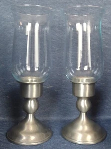 Kirk Pewter ~ Set of 2 CANDLE HOLDERS ~ 4½" x 3½" ~ with 6½" Clear Glass Globes - Picture 1 of 5