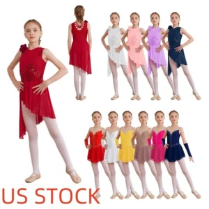 Girls Sequin Dance Dress Ballet Lyrical Gym Skirts Irregular High-Low Leotard - Picture 1 of 105