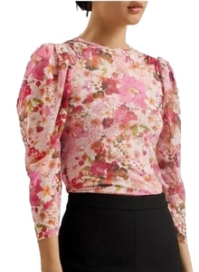 Top Ted Baker Raeley nuovo con etichette elasticizzato spalle raccolte maglia stampa floreale rosa US 8 M - Foto 1 di 12