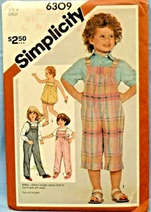 SIMPLICITY PATTERN 6309 OVERALLS ROMPER KIDS SIZE 4 UNCUT VINTAGE 1983 - Picture 1 of 2