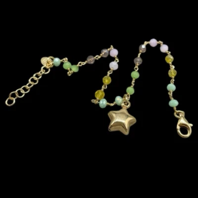 BRACCIALE DONNA ARGENTO 925 COLOR ORO CORDONCINO CHARM STELLA PIETRE MULTICOLORE - Immagine 1 di 4