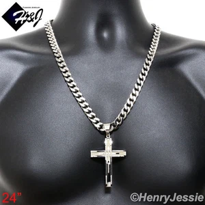 24"MEN Stainless Steel HEAVY 9mm Silver Cuban Curb Necklace Cross Pendant*A11 - Picture 1 of 6