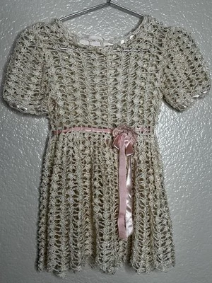 Vestido boho vintage delicado ganchillo a mano para niñas marfil con cinta rosa 12-24 meses Foto 1 de 4