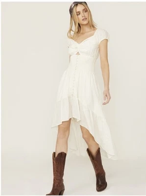 New L SHYANNE Smocked Twist Front Short Sleeve Midi High Low Cotton Cream Dress - Image 1 of 4