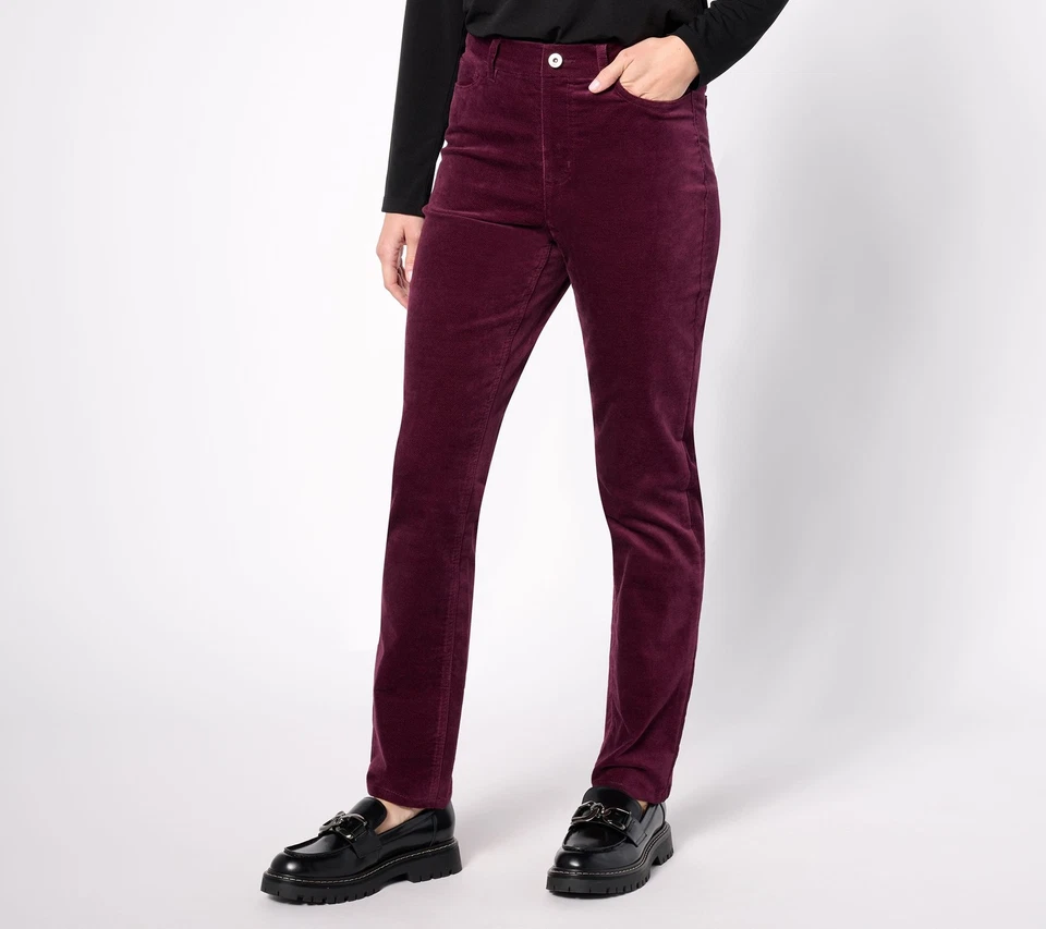 Denim & Co. Regular Full Length Slim Straight Velveteen Pant Deep Burgundy 8 New - Image 1 of 1