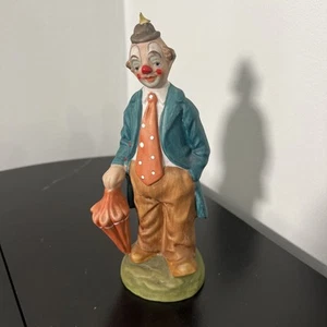 Vintage Ceramic Clown in Suit with Orange Multicolored Umbrella - Picture 1 of 6