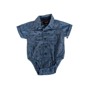 DKNY Baby One Piece Bodysuit Short Sleeves Denim Chambray Collared 0-3 Mos NWT - Picture 1 of 5
