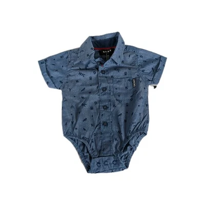 DKNY Baby One Piece Bodysuit Short Sleeves Denim Chambray Collared 0-3 Mos NWT - Image 1 of 4