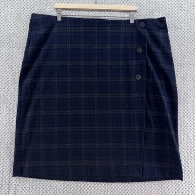 J Jill Skirt Womens Plus 3X Blue Brown Plaid Knee Length Faux Wrap Academia - Image 1 of 4