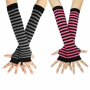 2 pairs Women's Long Fingerless Arm Gloves Striped Winter Mittens Sleeve Warmer - Picture 1 of 32