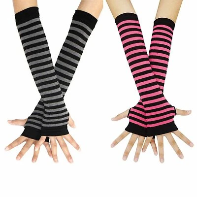 2 pairs Women's Long Fingerless Arm Gloves Striped Winter Mittens Sleeve Warmer - Image 1 of 4