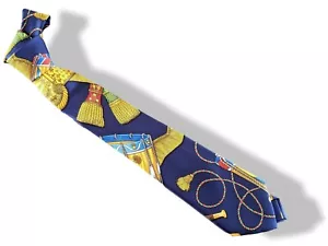 Hermes 1989 Navy/Gold LES TAMBOURS by Joachim Metz Print Scarf Twill Silk Tie, M - Picture 1 of 4