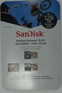 2 Pack new 128GB SanDisk Extreme PLUS A2 microSD Memory Card Adapter 4k UHD - Picture 1 of 2