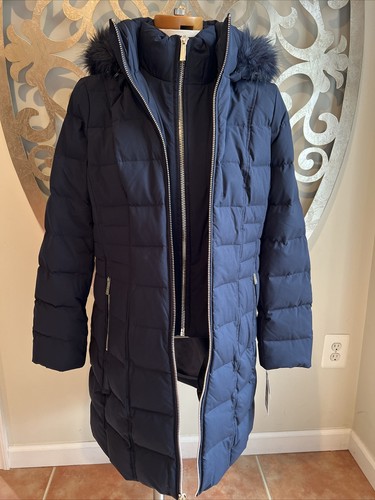 NUOVO cappotto Michael Kors MEDIA blu navy pelliccia sintetica piumino cerniera tasche oro nuovo con etichette