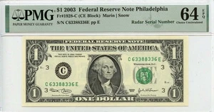 2003 $1 Federal Reserve Note Philadelphia Fr# 1928-C PMG CH64 EPQ Radar - Picture 1 of 2