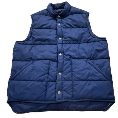 Vintage LL Bean Puffer Quilted Cursive Vest 70s Snap Blue Measures XL Mens - Image 1 of 4