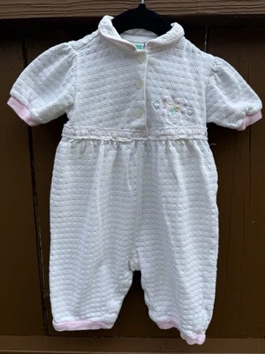 Vintage McBaby Romper 6/9M White Pink Trim Waffle Knit Embroidered Hearts - Image 1 of 4