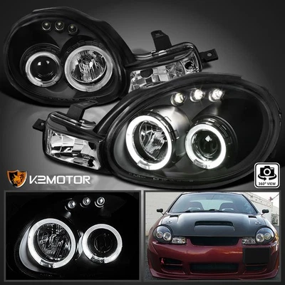 Black Fits 2000-2002 Dodge Neon LED Halo Projector Headlights+Signal Lamps Pair - Изображение 1 из 4