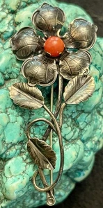 900 Silver Vintage Coral Flower Pin Brooch 3” Periwinkle Anemone Rose 6.9g - Picture 1 of 6