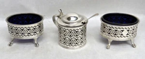 1920 -1921 SHEFFIELD STERLING SILVER WITH COLBALT CRYSTAL (3) CONDIMENT DISHES - Picture 1 of 12