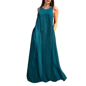Women's Linen Dress Sleeveness Loose Dresses Casual Maxi Dress with PocketsZ3... - Picture 1 of 8