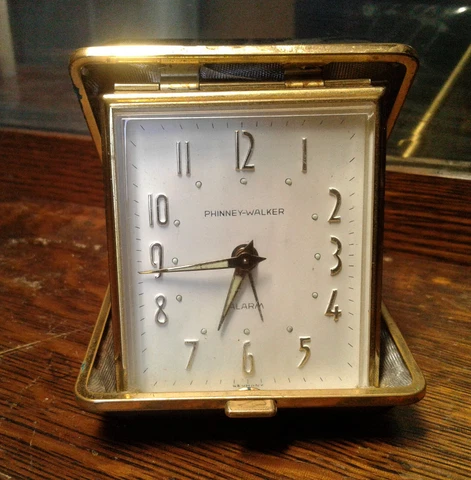 Vintage Germany Phinney Walker Travel Alarm Clock w Leather and Brass Case Cover