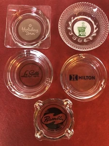 Lot of 5 Assorted Ashtrays Glass Advertising Ashtrays Hotels (1E) - Picture 1 of 6