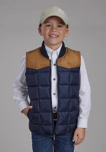 Roper Kids Boys Poly Fill Western Blue/Tan 100% Polyester Softshell Vest - Picture 1 of 4