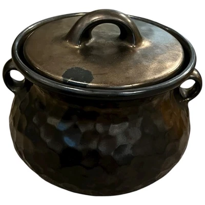 Vintage 6" McCoy Bean Pot Crock Cauldron Copper Bronze Luster Hammered Stoneware - Image 1 of 4
