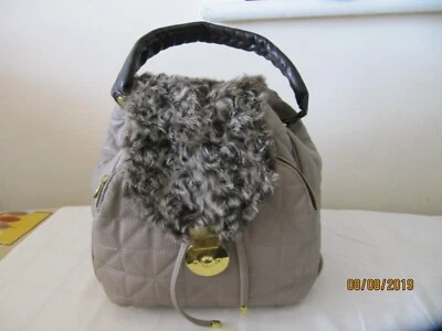 River Island bag Beige  Quilted Faux leather faux fur hand bag draw string large - Image 1 of 4