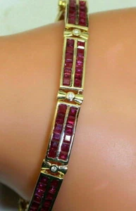 14K Yellow Gold Plated  10 Ct Princess Cut Moissanite Red Ruby Gift Bracelet - Picture 1 of 3