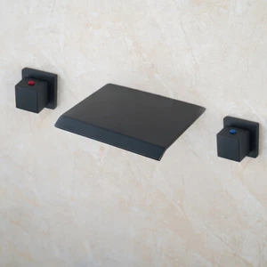 3PCS Black Bathroom Basin Faucet Waterfall Spout Brass Mixer Double Handles Tap - Picture 1 of 6